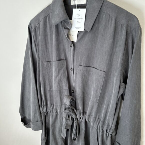 Elle Grey Womens Midi Shirt Dress Gray M Collared Utility Belted Minimalist NWT - Picture 1 of 16